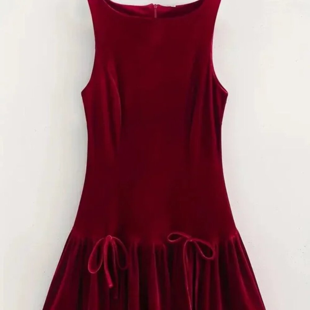 Crimson Velvety Bow-Knot Hem Dress
